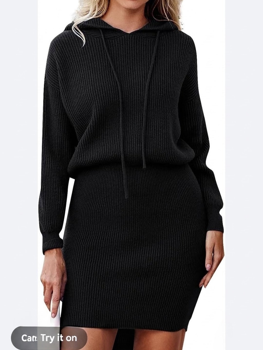 Black Ribbed Hooded Sweater Dress - Women's Cowl & Turtleneck Style